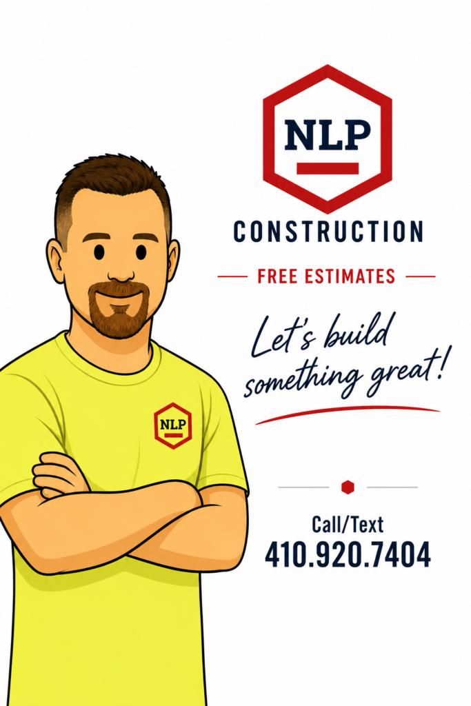 Cartoon illustration of Nate from NLP Construction, a local home remodeling contractor specializing in kitchen and bathroom remodels, with free estimates and contact information.